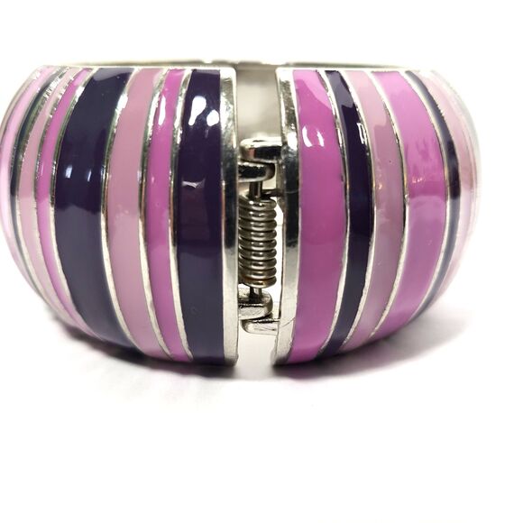 Pink Purple 1.5" Wide Clamper Bracelet Silver Tone Metal Chunky Domed Striped - Picture 6 of 9